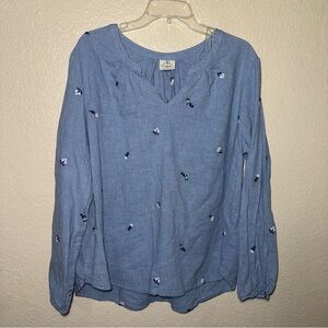 St John’s Bay Women’s XXL Chambray Blouse Blue Embroidered Split Neck Top